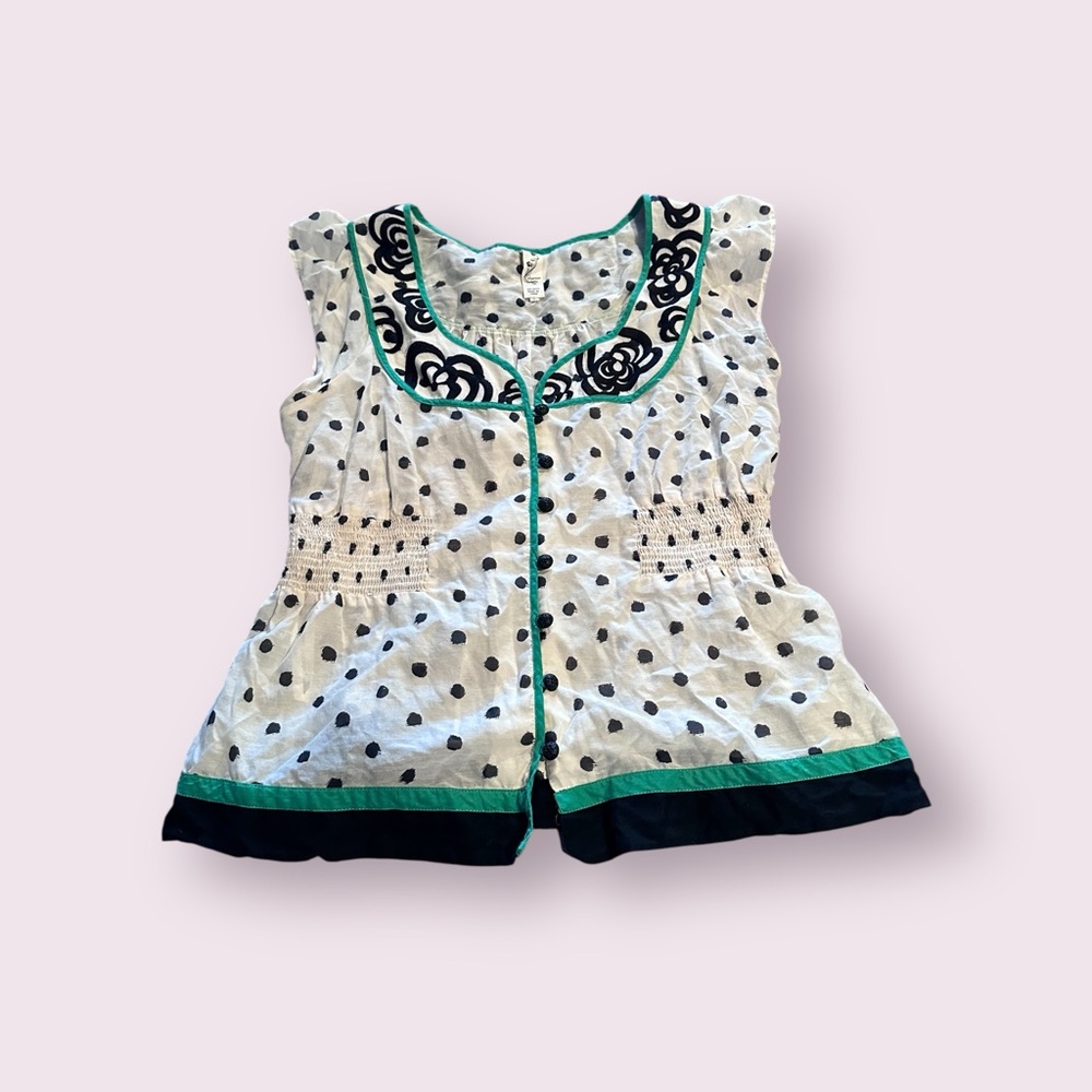 Women's Floreat Polka Dot Sleeveless Blouse with Floral And Green Trim Sz Small